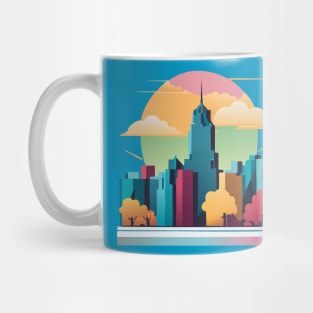 t-shirt design, colorful city skyline with buildings and clouds, vector art Mug